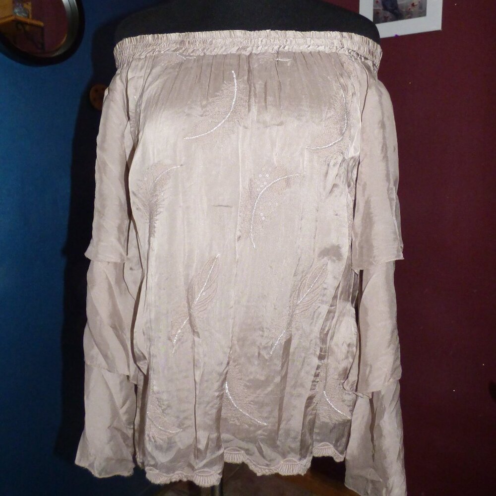 GREY VIOLET GOTH BOHO TAUPE SILK SALSA SEQUIN FEATHER EMBROIDERY BLOUSE TOP XL